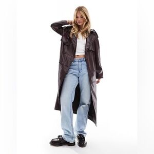 ASOS DESIGN leather look trench coat in burgundy, US 14